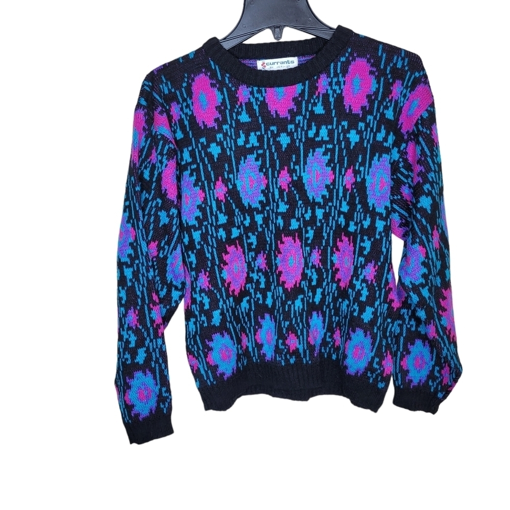 Black Floral Pattern Crewneck Sweater - Blue & Pink
